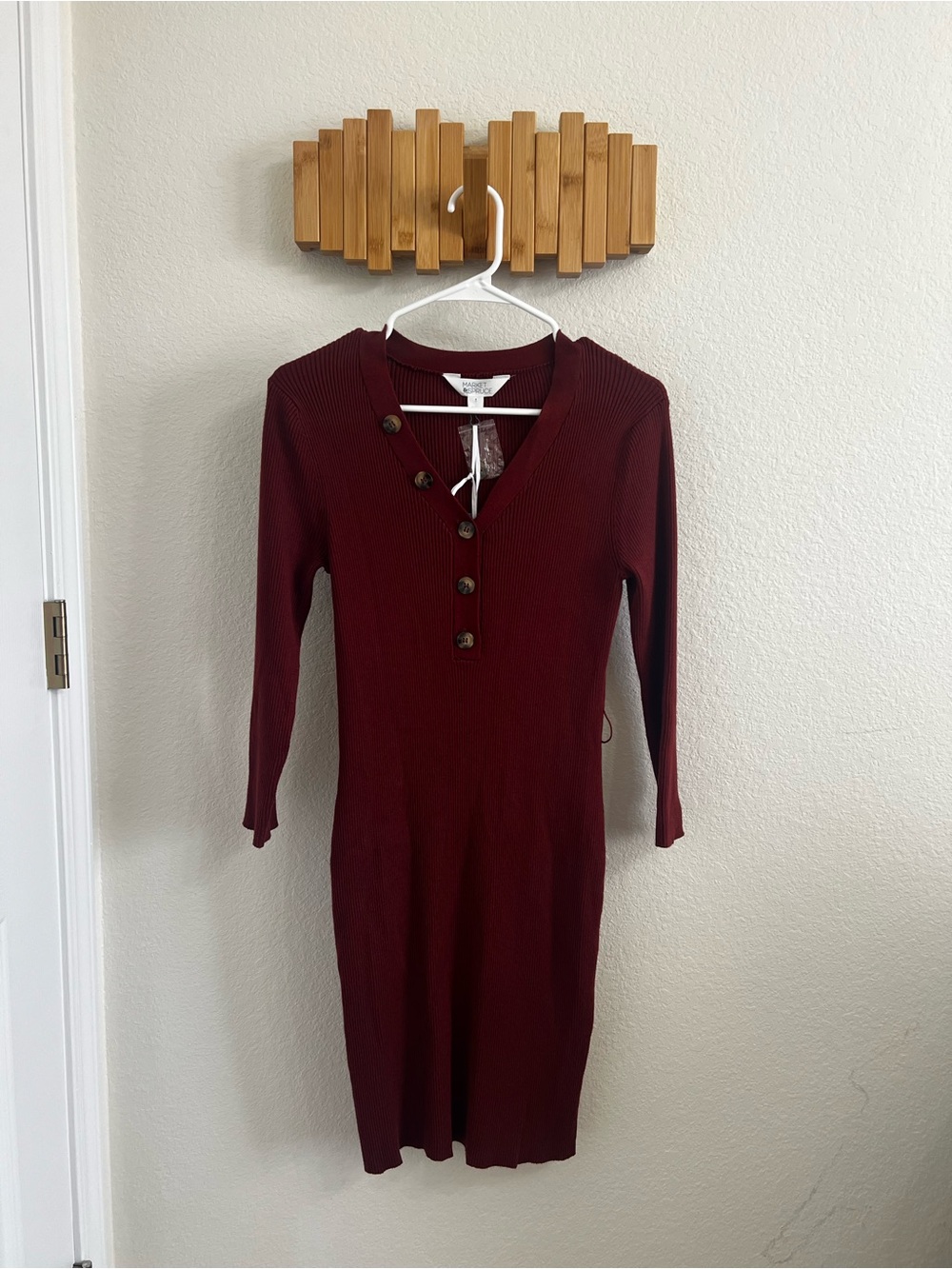 Market & Spruce Ribbed Front-Button Sweater Dress - Burgundy